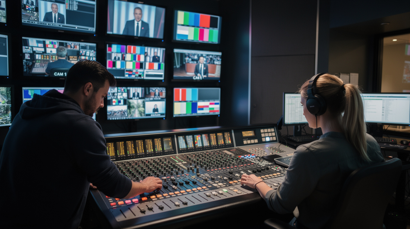 Television studio control room with multiple broadcast screens