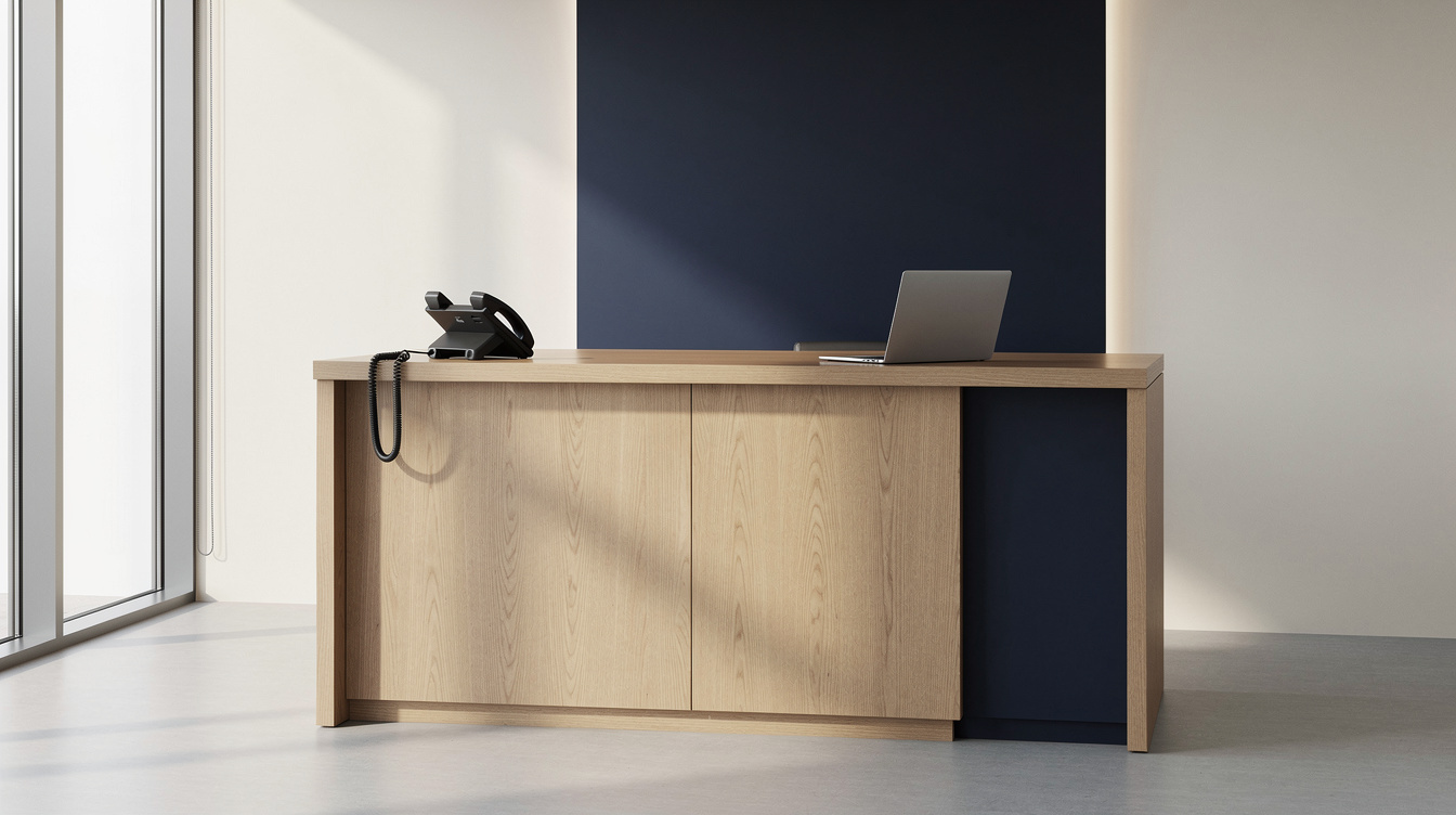Modern reception desk with telephone in a media office